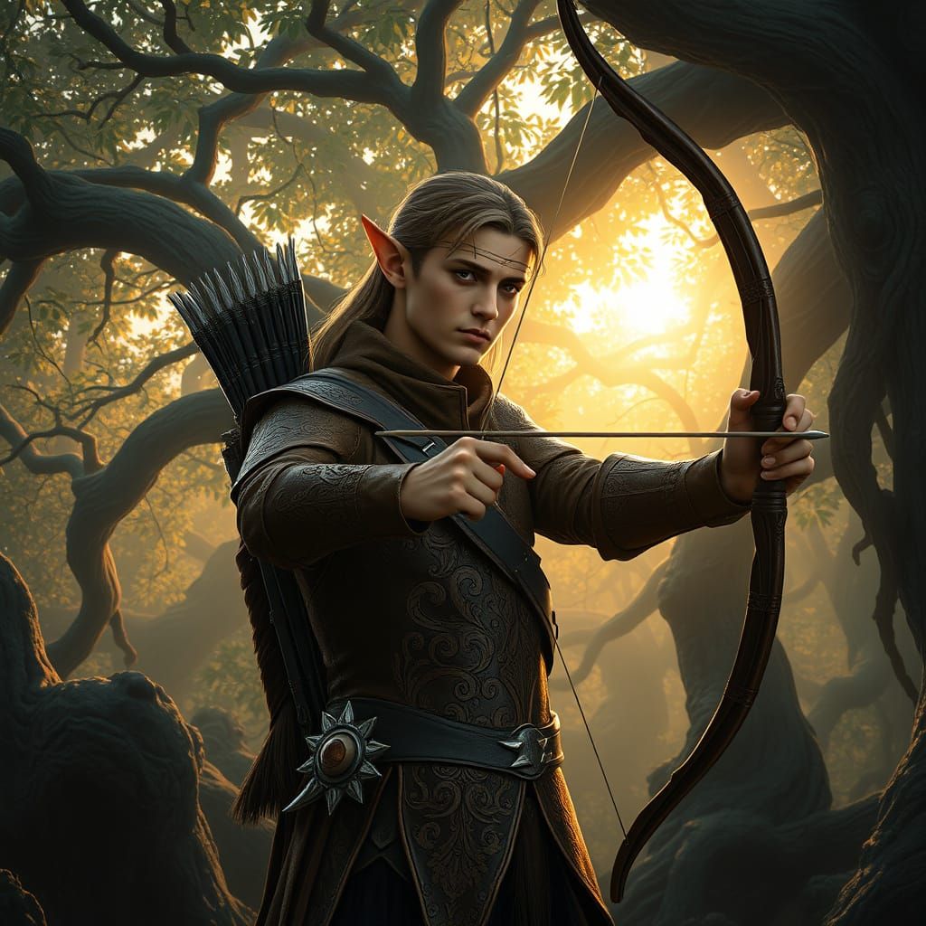 Elegant Elf Archer in Ancient Forest at Sunset