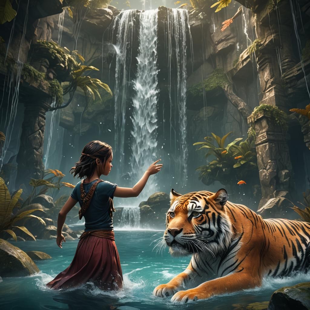 Girl and Tiger Waterfall Fantasy Art