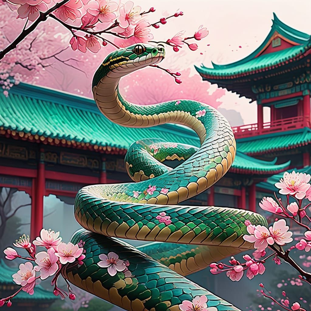 Vibrant Snake Slithers Through Blooming Garden in Soft Focus