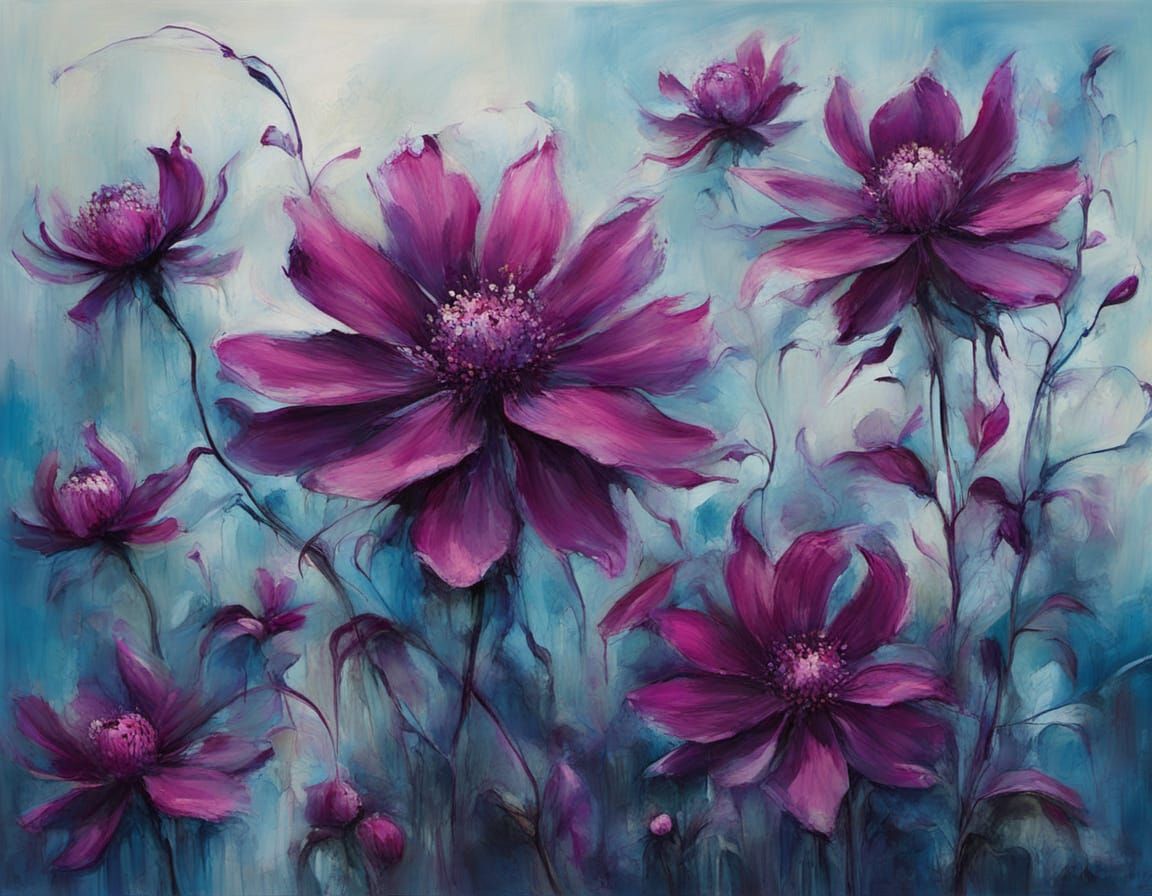 Surreal Aged Cobalt Flowers in Magenta Hues