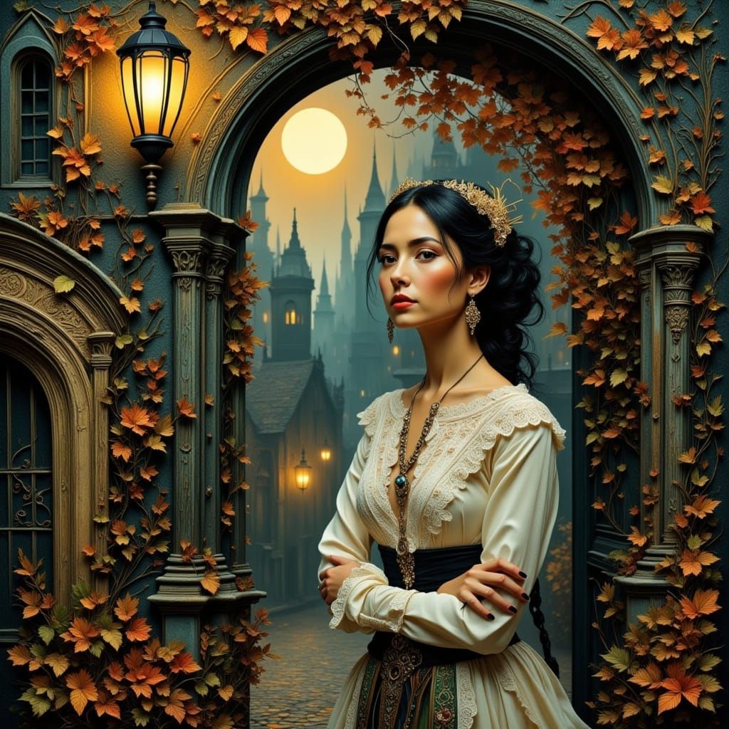 Glamorous Woman in Decaying Victorian Cityscape