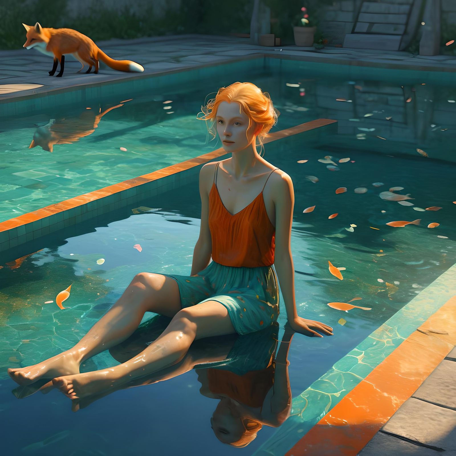 Ethereal Woman with Fox in Reflected Pool