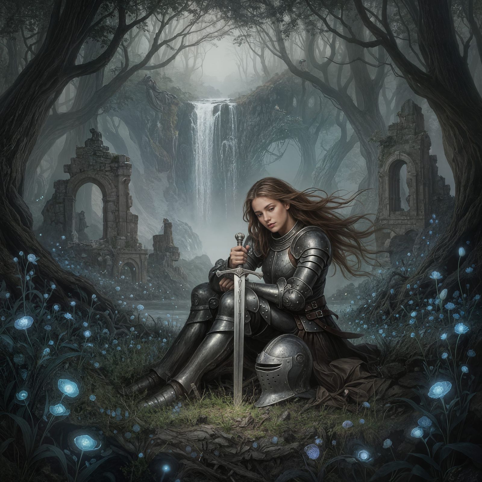 Melancholy Knight Woman in Mysterious Forest Ruins