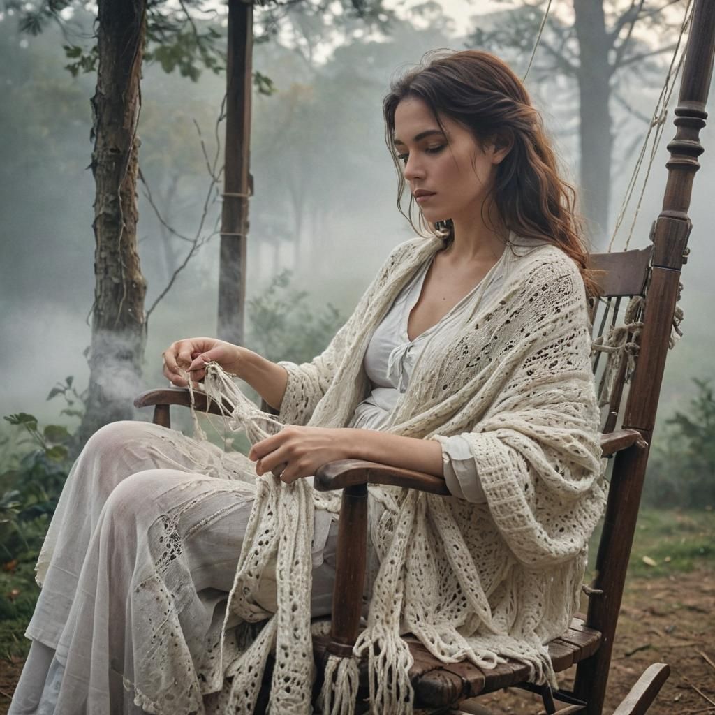 Woman Knitting in Morning Mist: Fine Art Photography
