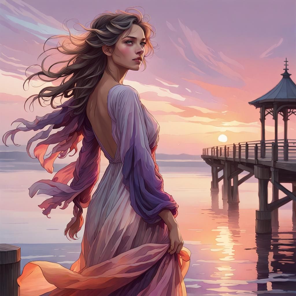 Woman at Sunset Pier: Watercolor Art Nouveau