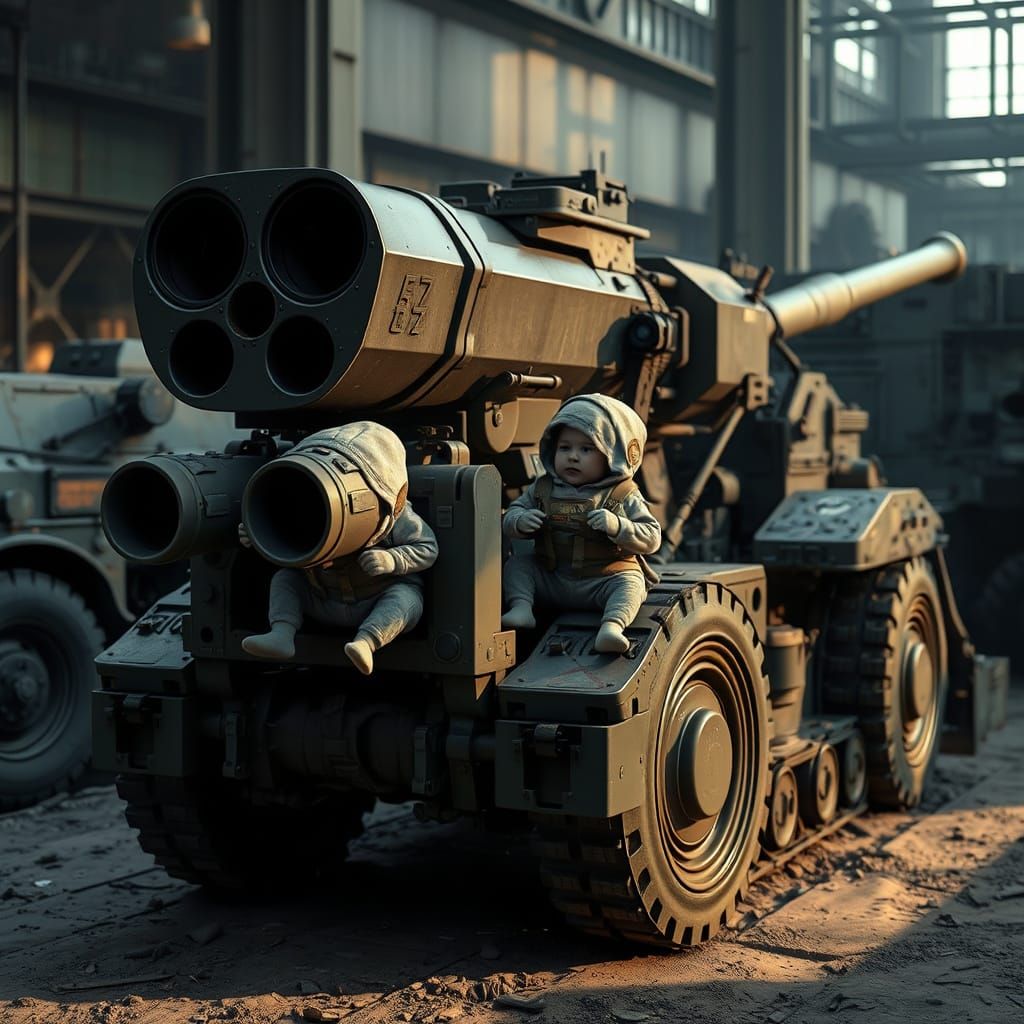M777 Howitzer with Babies: Hyperrealistic Military Scene