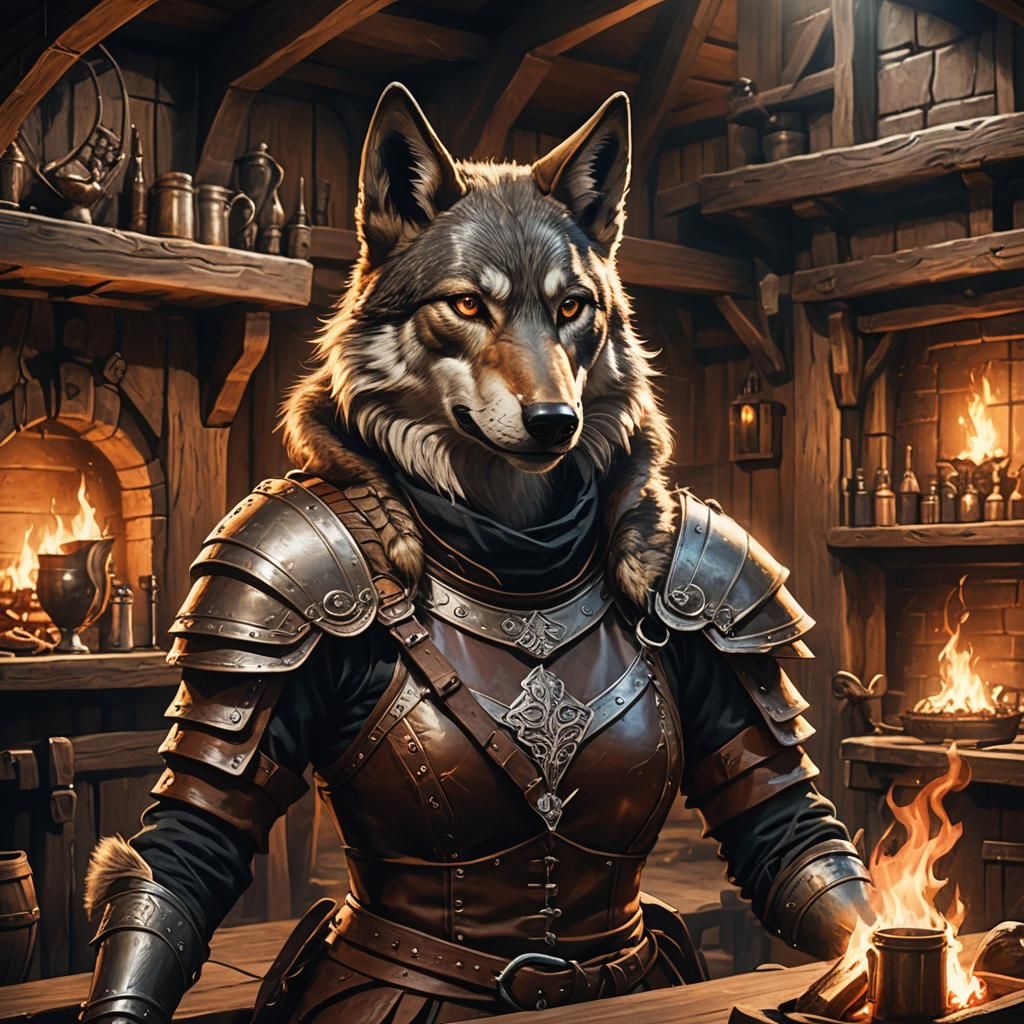 Medieval Wolf-Human Hybrid in Dimly Lit Tavern