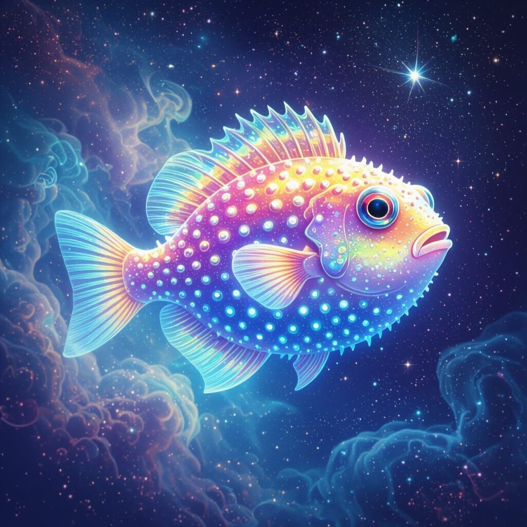 Vibrant Holographic Puffer Fish in Ethereal Cosmic Mists