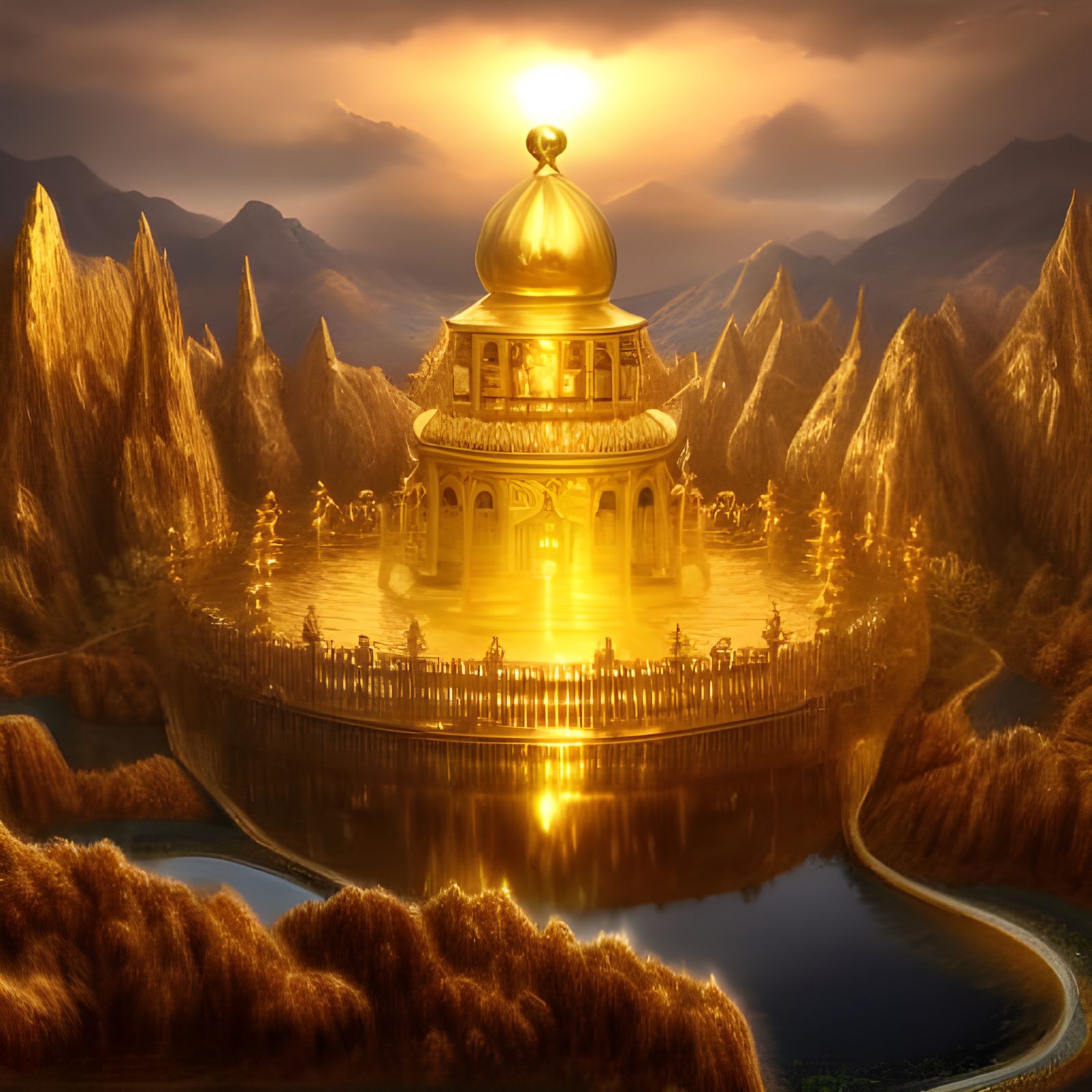 Golden Kingdom on Water Fountain in Dark Fantasy Style