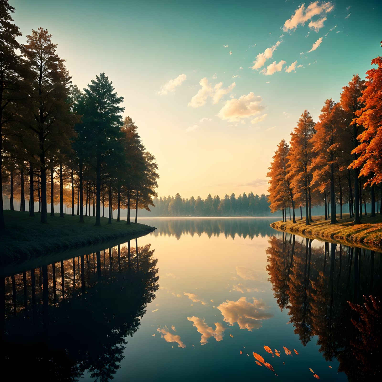 Autumn Lakeside Reflection in Bauhaus Style