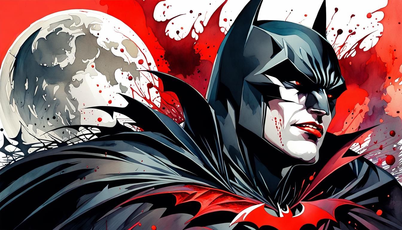 Batman as Dracula Watercolor Illustration under Blood Moon