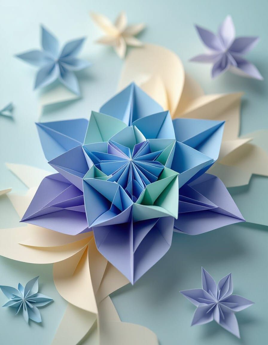 Intricate Origami Paper Folds in Blue, Purple, and Green
