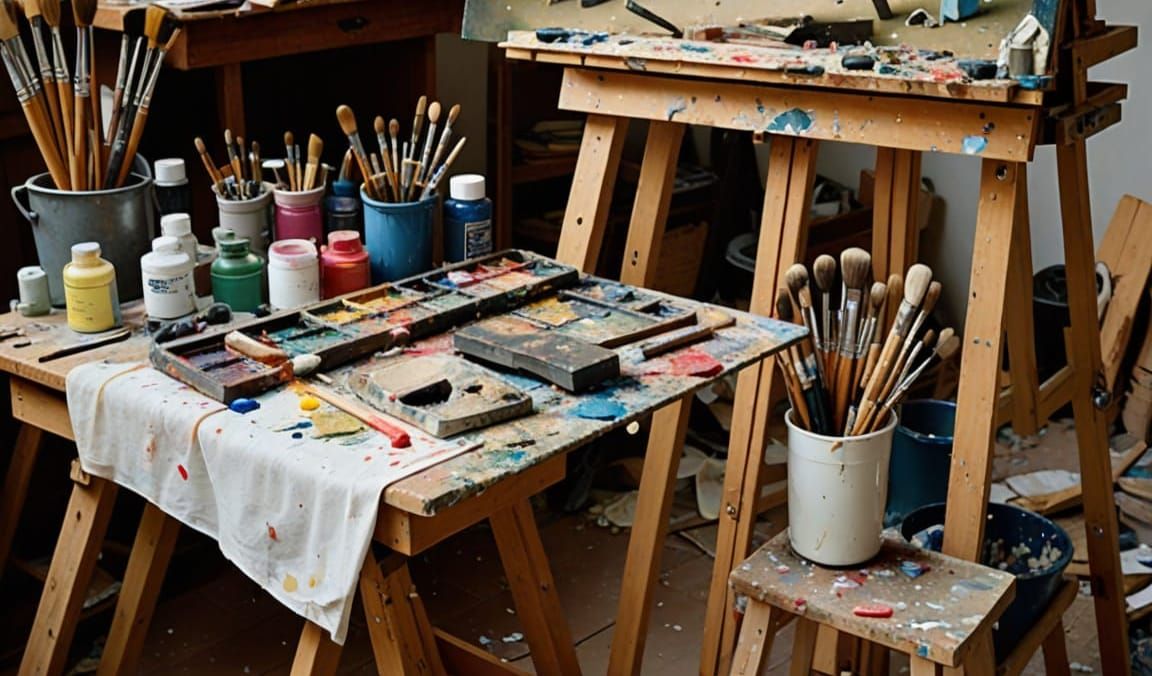 Renaissance Painter's Messy Studio Before Easel