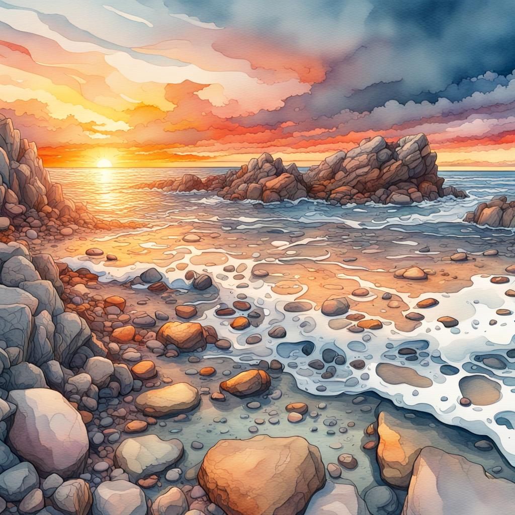Watercolor Sunset on Rocky Beach, 8K Art