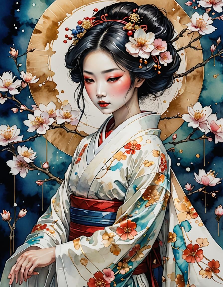 Geisha in White Kimono: Alcohol Ink Art