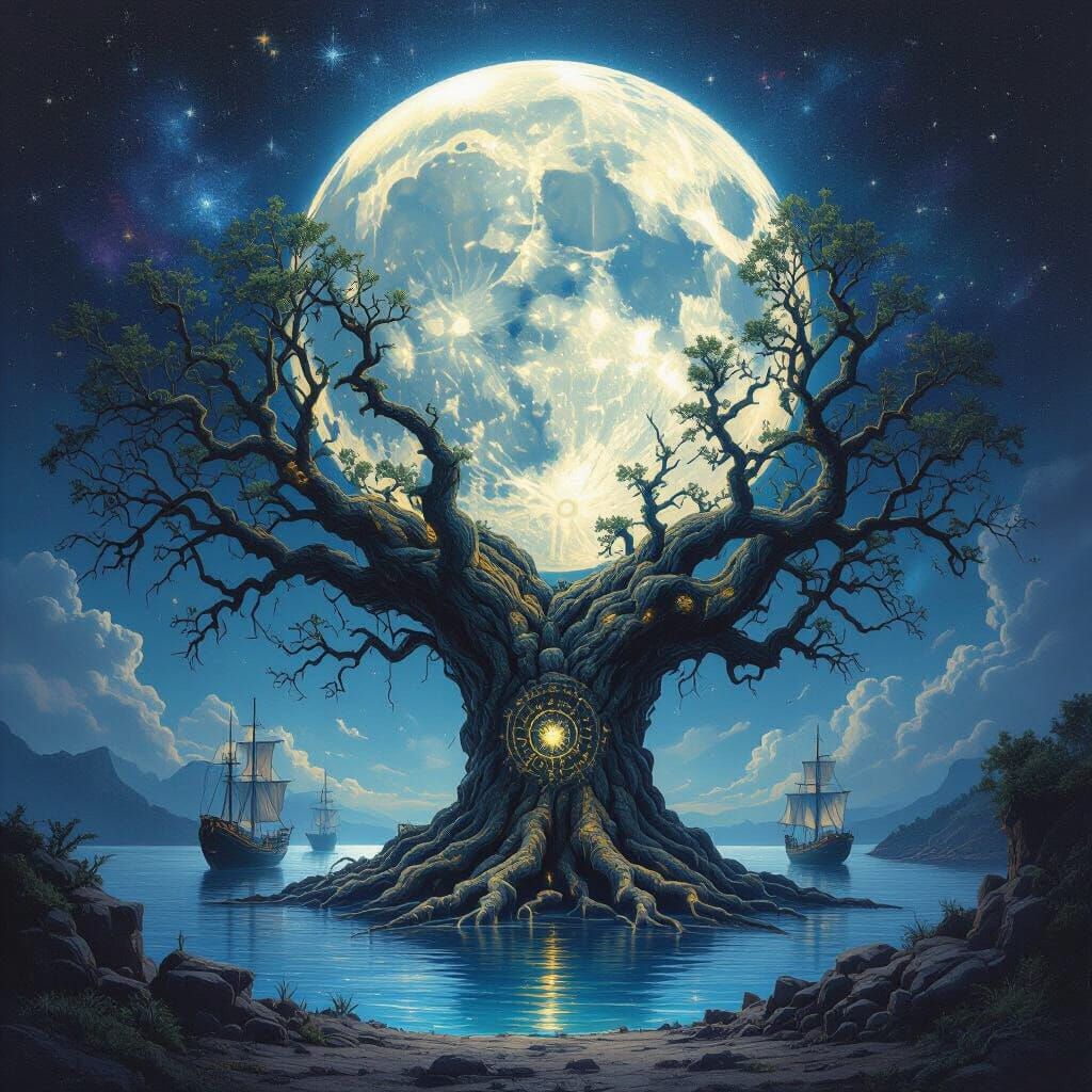 Cosmic Tree with Spectral Ships Under Full Moon