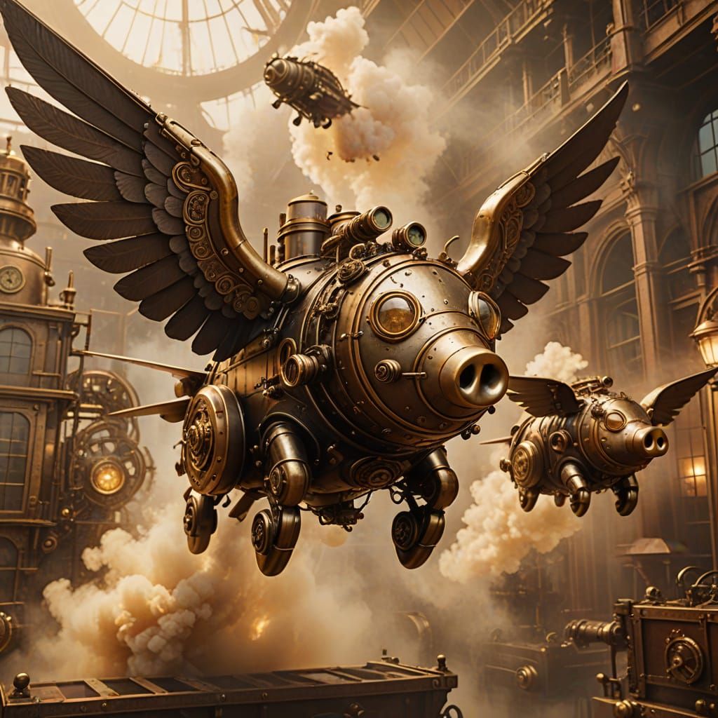 Steampunk Flying Pigs in Golden Light