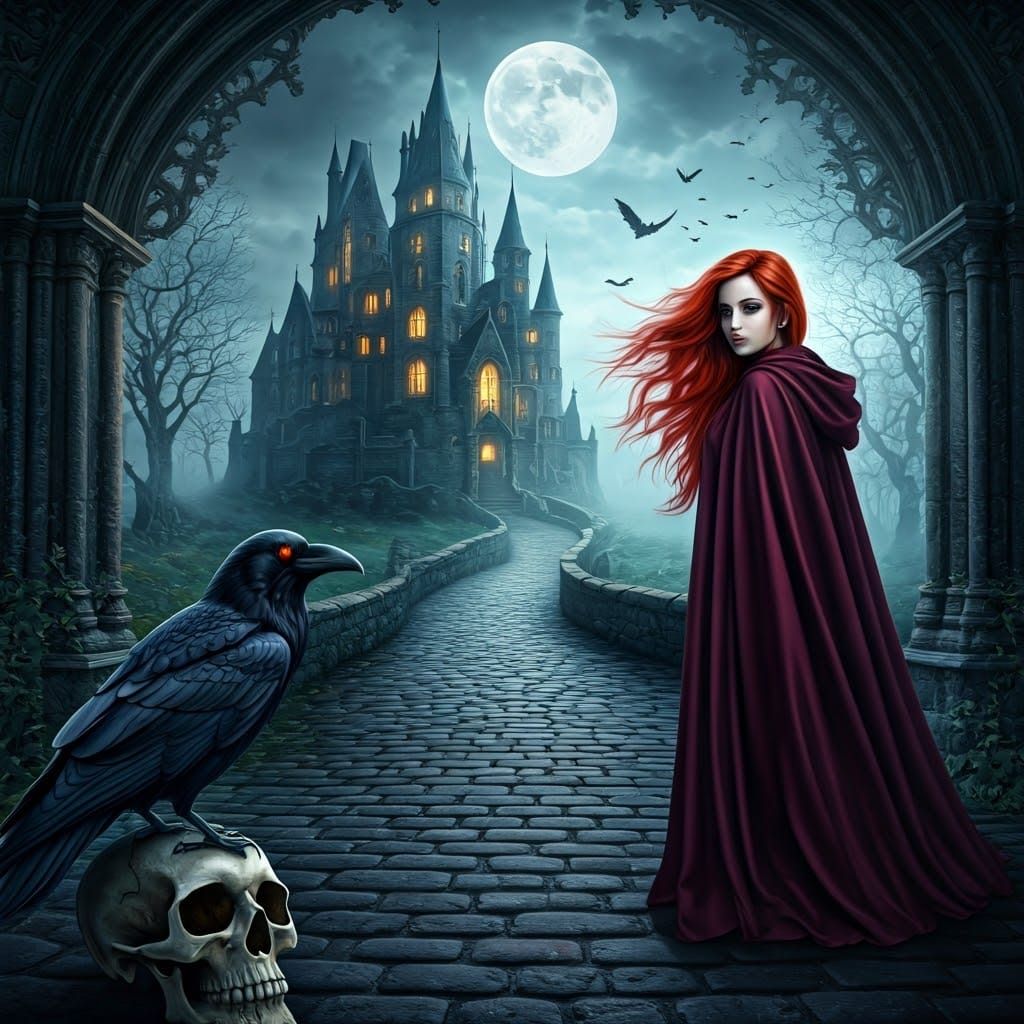 Gothic Woman on Cobblestone Path to Castle