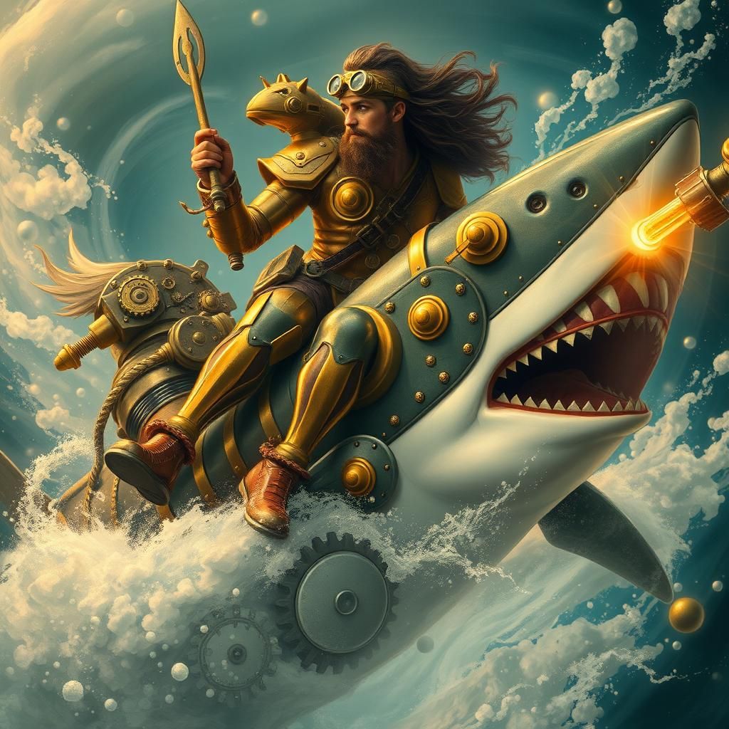 Steampunk Aquaman on Mechanical Shark in Atlantis
