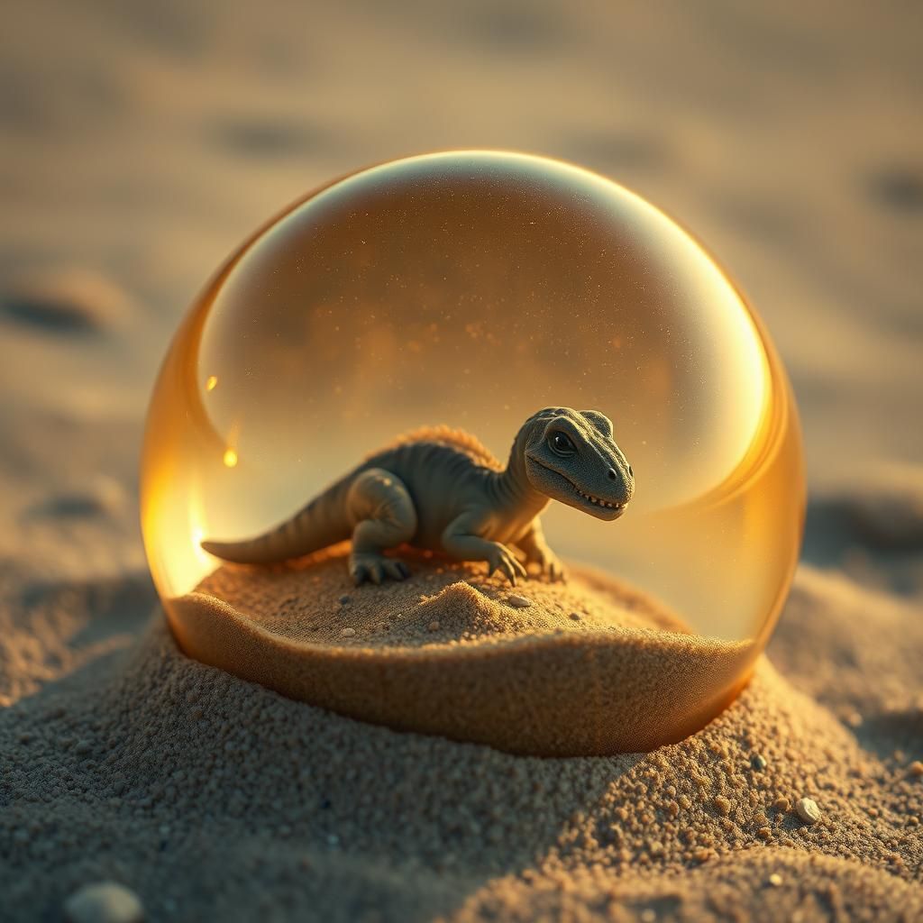 Dinosaur in Amber: Photorealistic Beach Still Life