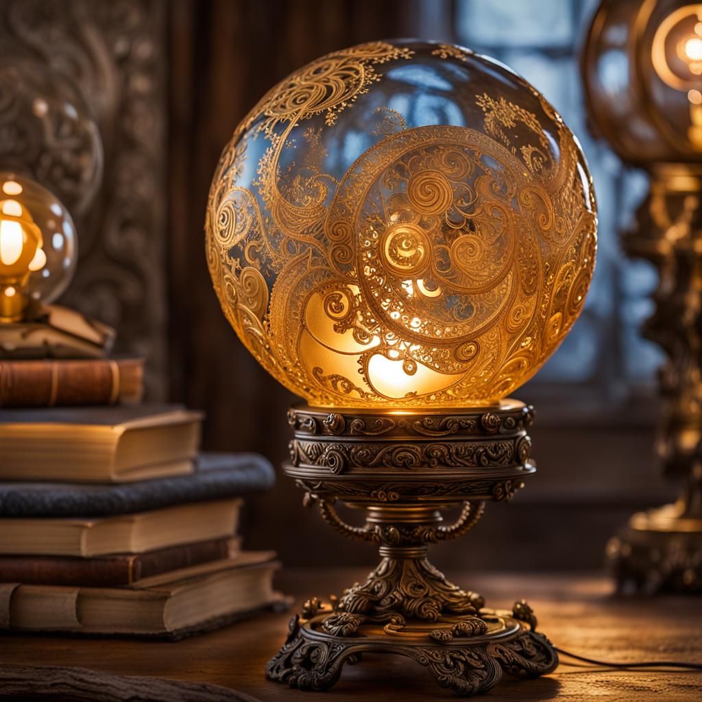 Steampunk Glowing Orb Lamp on Antique Table
