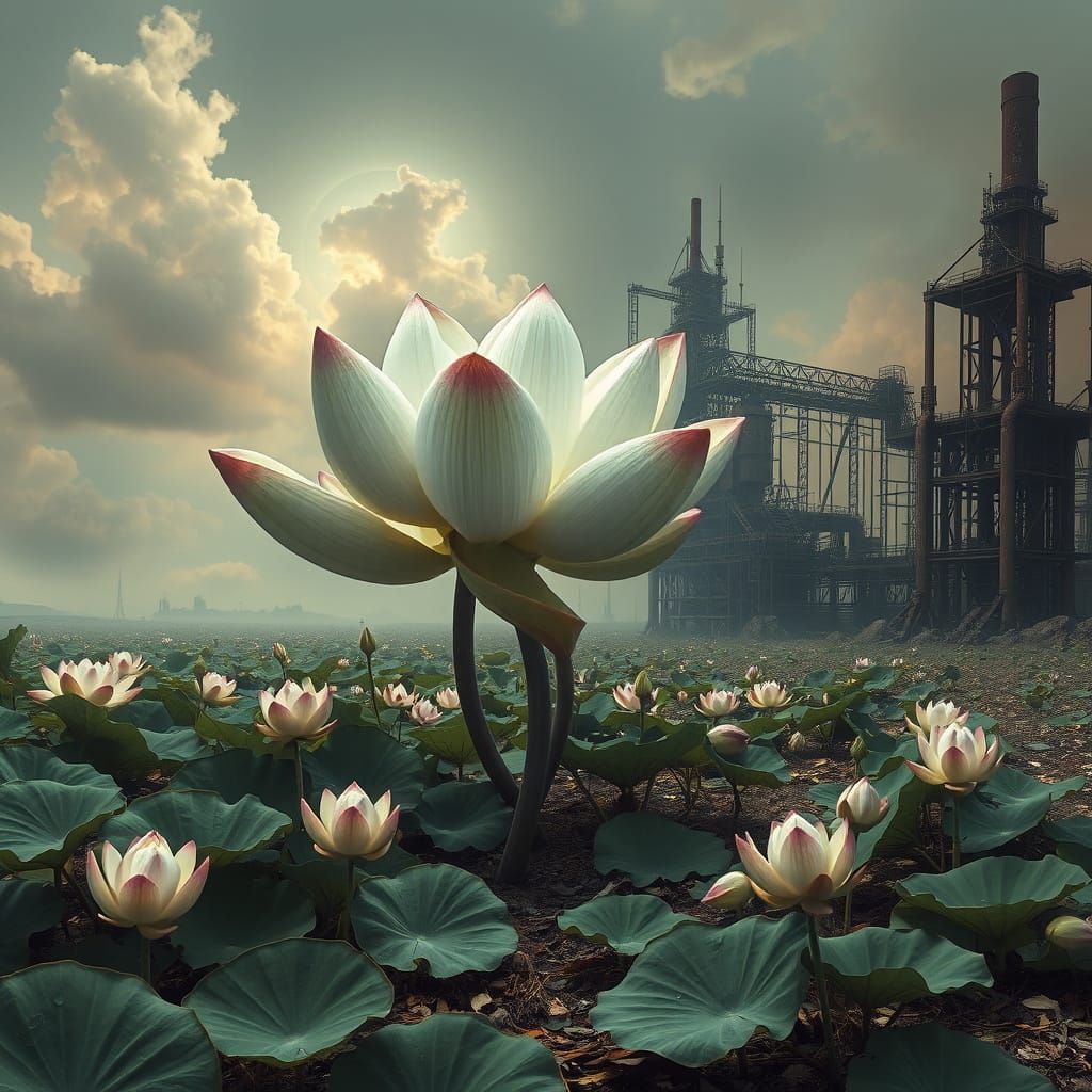 Dreamlike Wasteland: Lotus Flowers in Dystopia