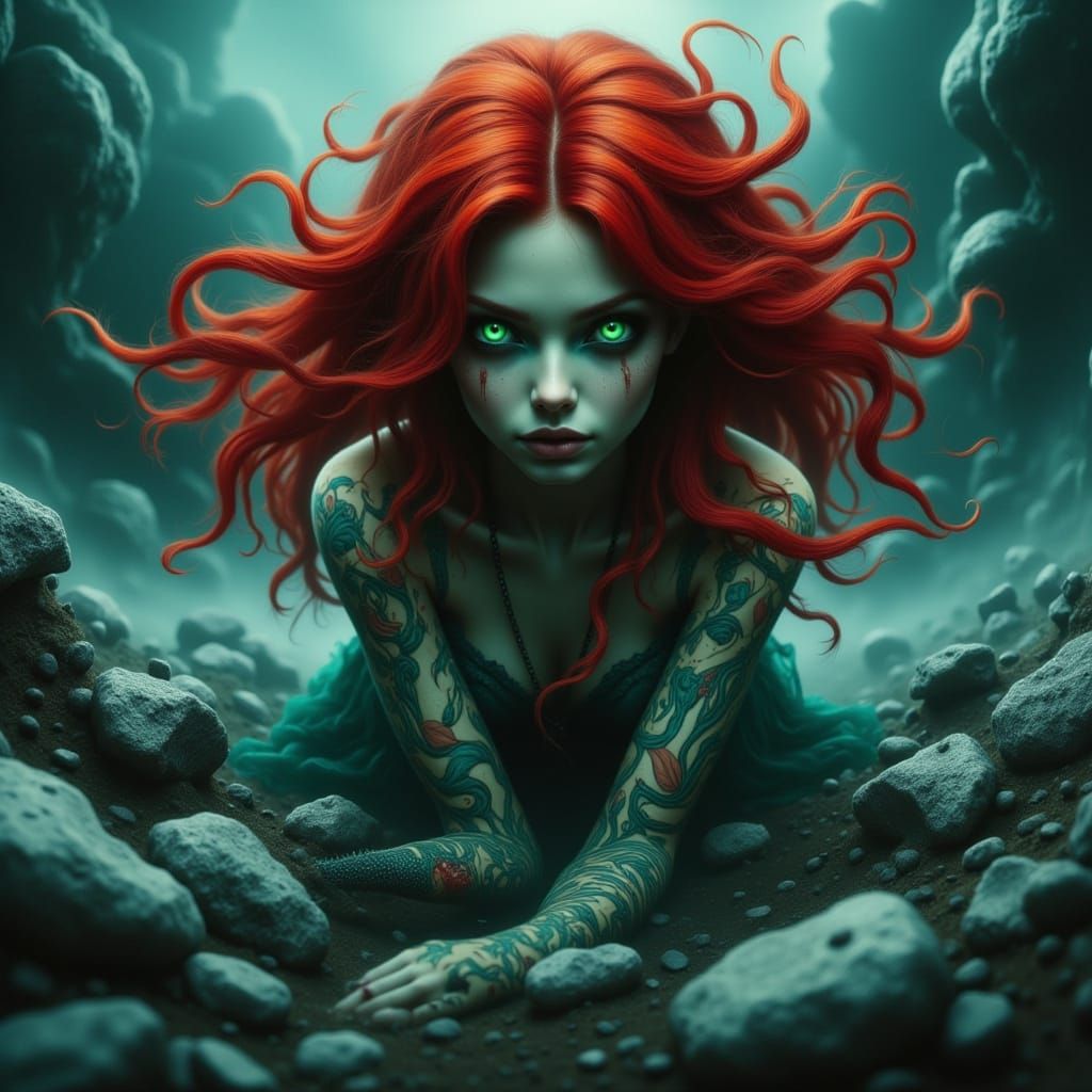 Mysterious Siren in Dark Fantasy Landscape