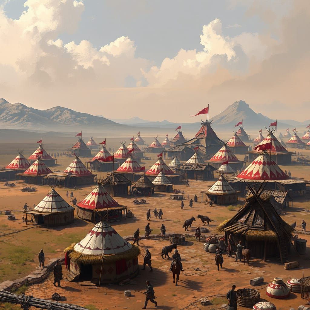 Vibrant Mardu Horde Settlement in the Style of Pointillism