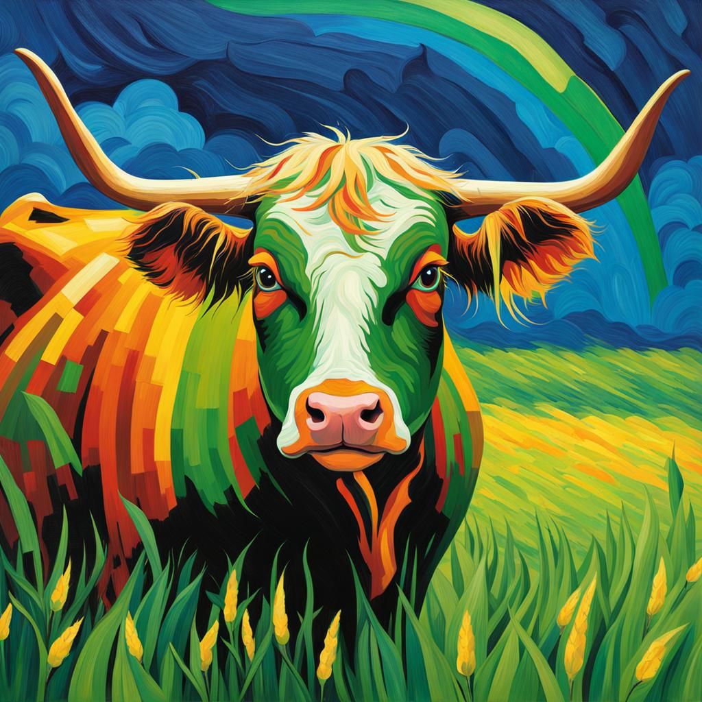 Green Cow in Swiss Alps, Van Gogh Style