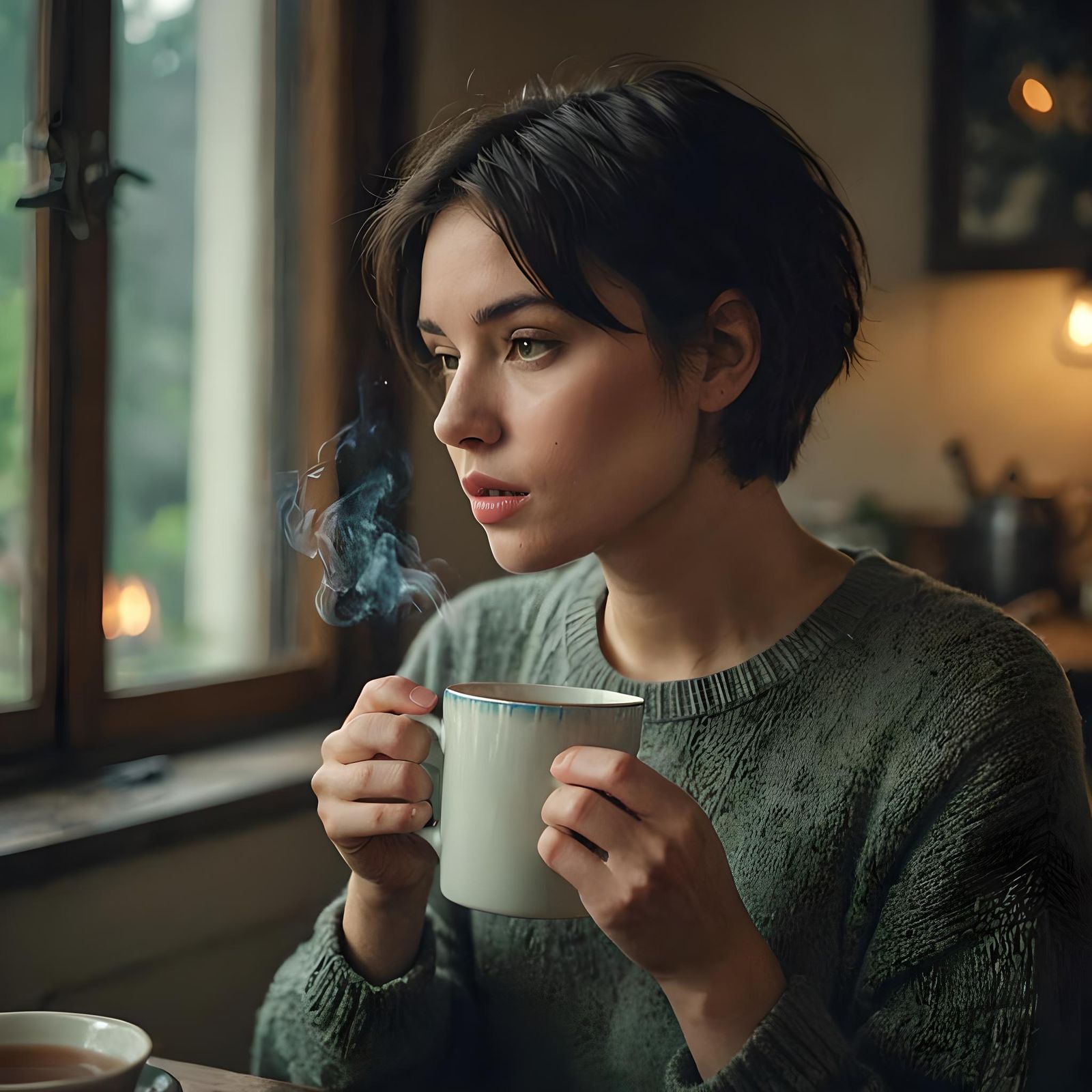 Pensive Woman Sips Tea in Moody Cinematic Still