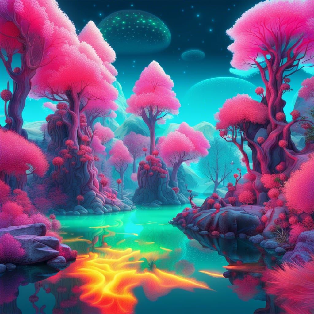 Surreal Landscape with Fluorescent Trees, Digital Art