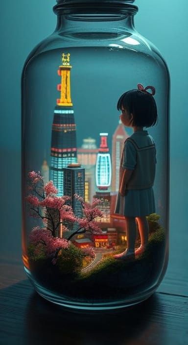 Miniature Anime Cityscape in Glass Bottle
