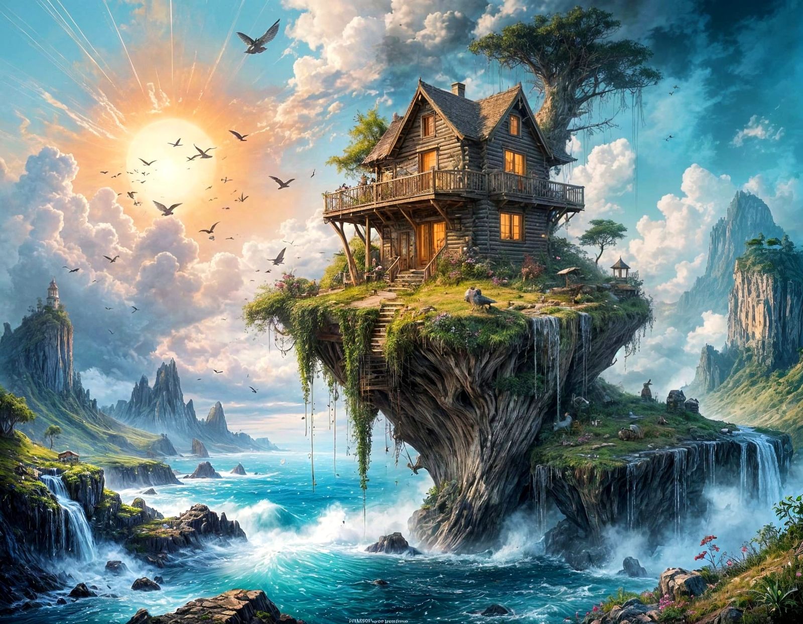 Whimsical Floating Island with Clockwork Birds