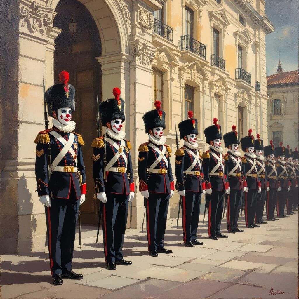 Guards with Clown Faces in Dramatic Oil Painting Style