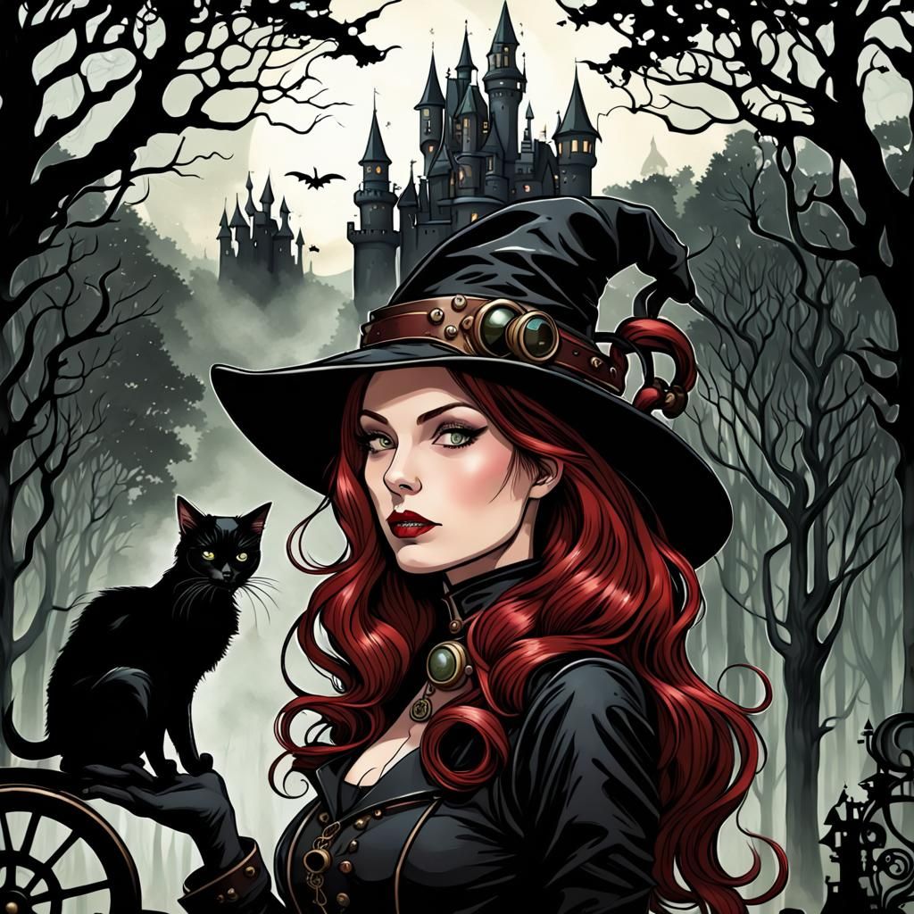 Steampunk Witch With Black Cat in Dark Forest