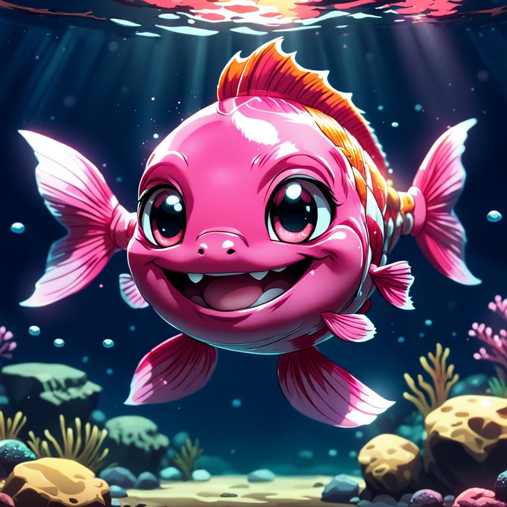 Pink Fish Smiling in Chibi Anime Style