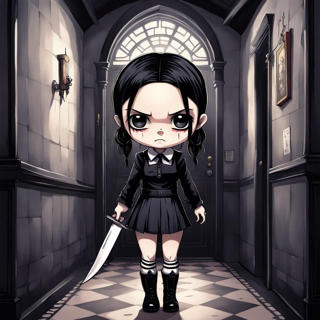 Chibi Wednesday Addams in Gothic Anime Style
