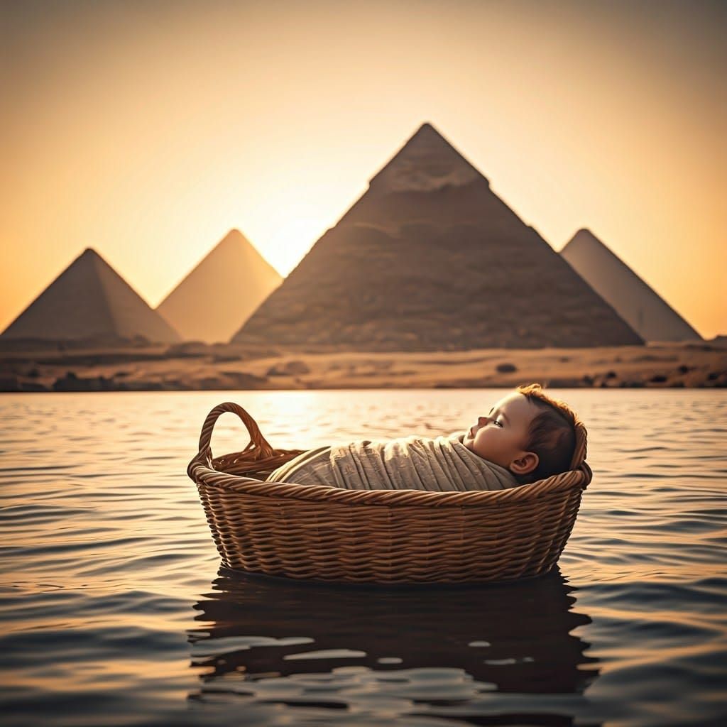 Surreal Scene of Baby in Basket with Pyramids in the Backgro...