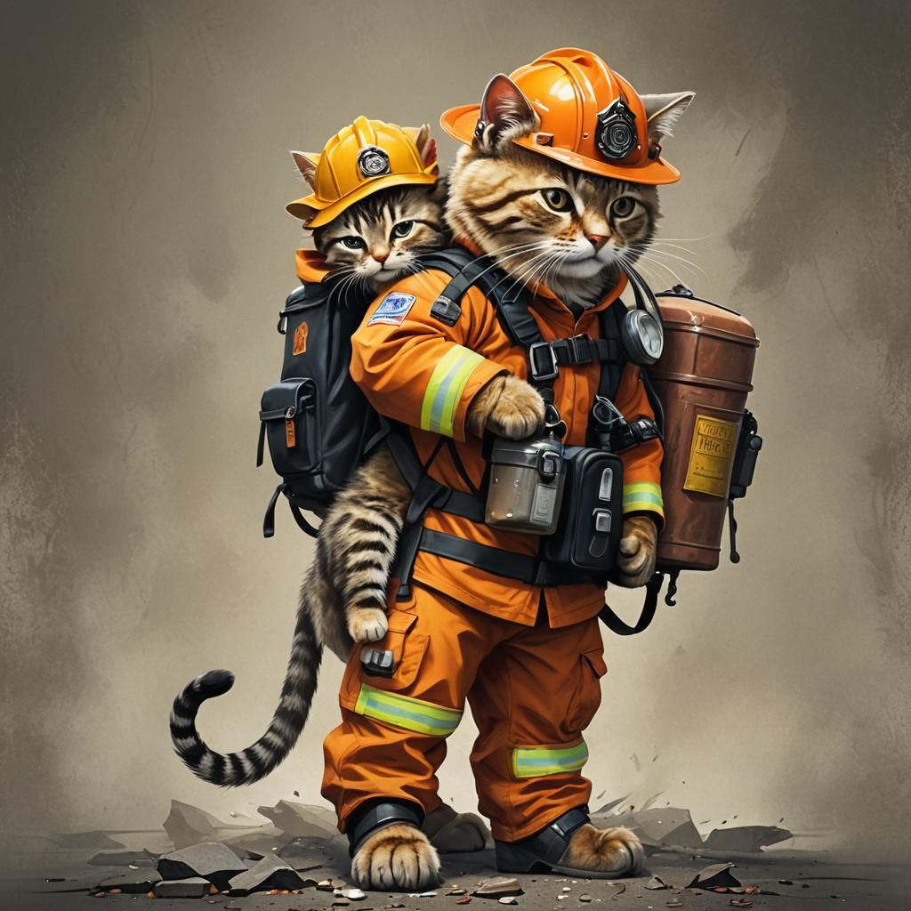 Cat Firefighter Rescues Baby: Detailed Digital Art