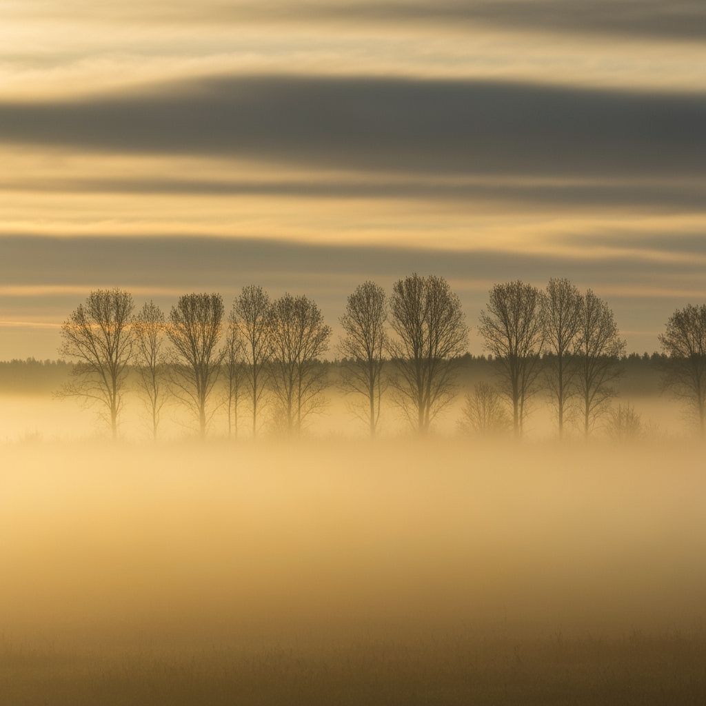 Ethereal Sunrise Landscape with Golden Mist