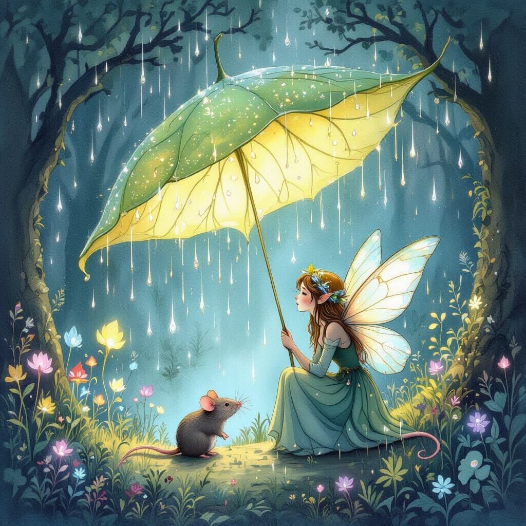 Magical Fairy and Rat in Luminous Forest, Watercolor Style