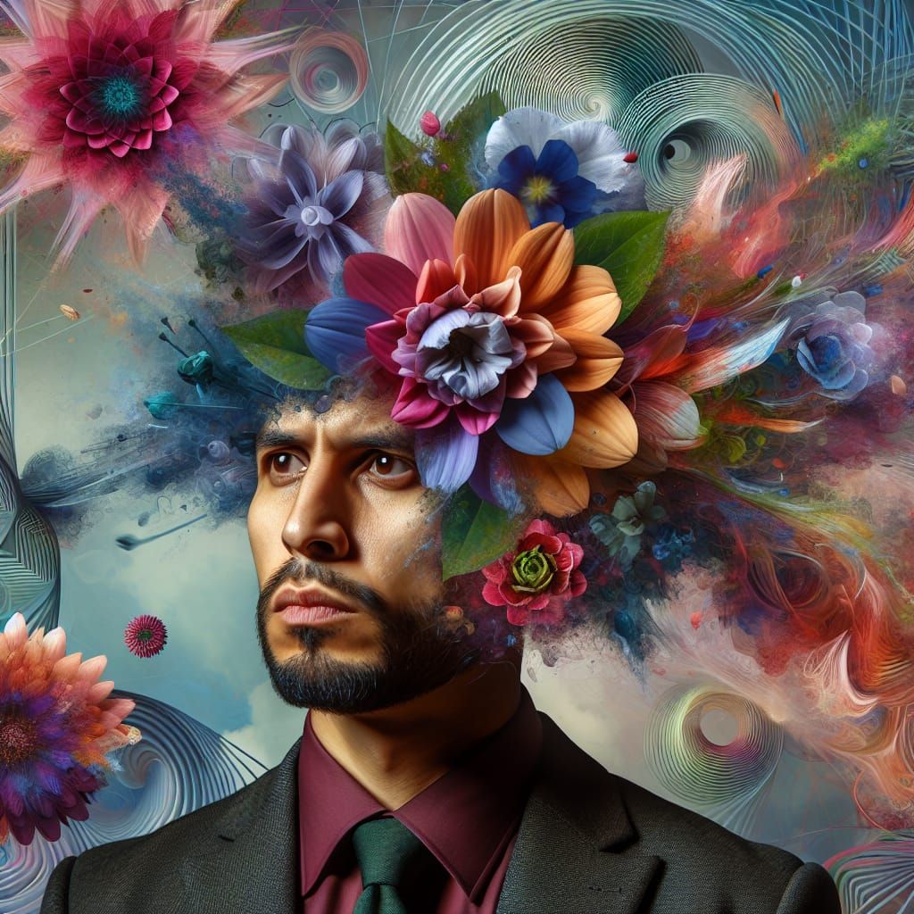 A surreal portrait of a person whose head is replaced by a b...