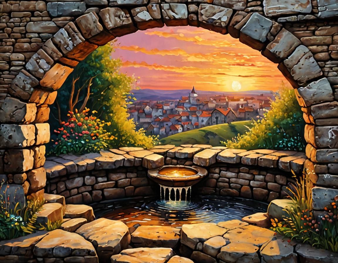 Rustic Stone Well at Sunset: Acrylic Painting