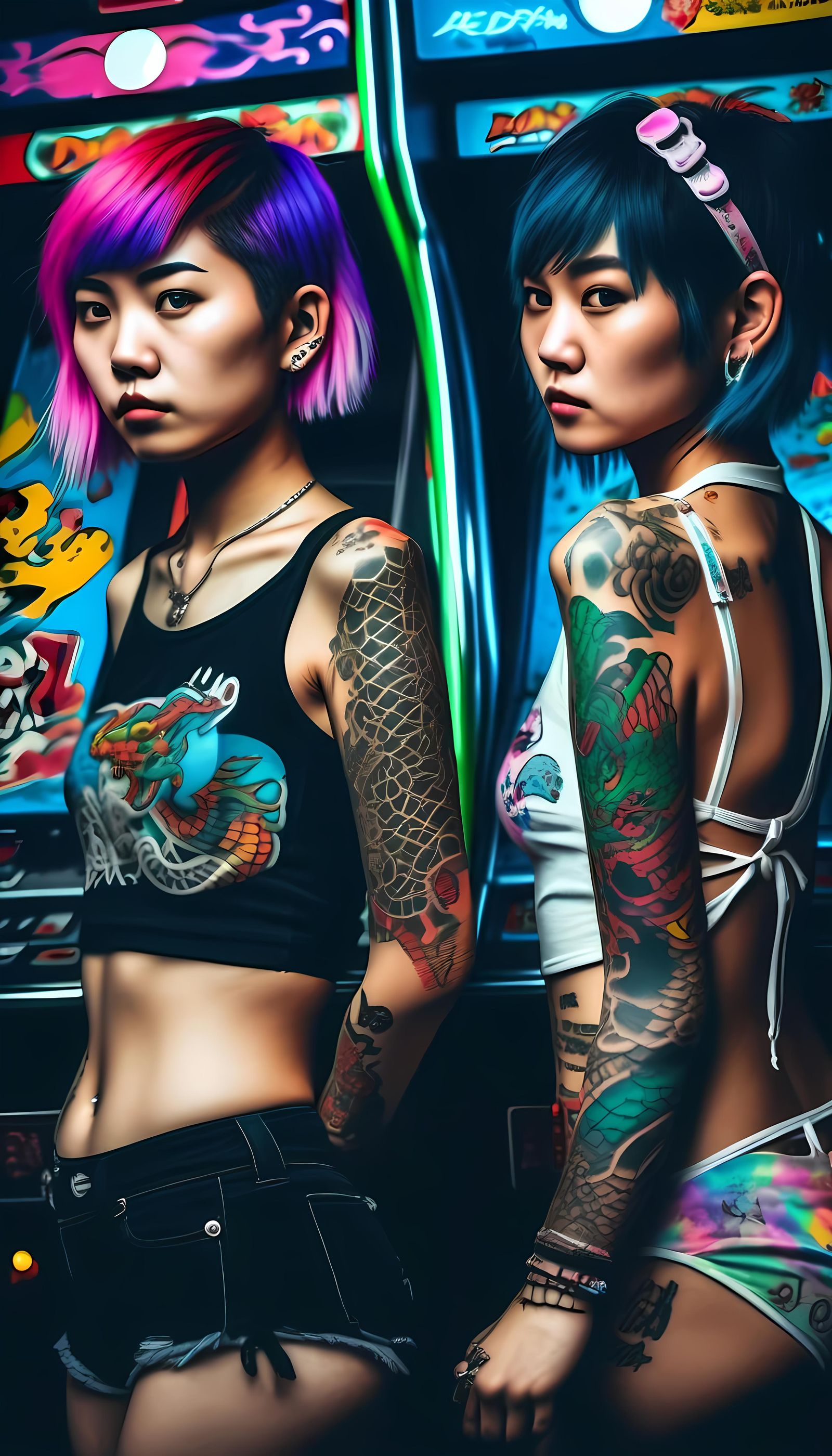 Asian Women with Dragon Tattoos in Retro Arcade