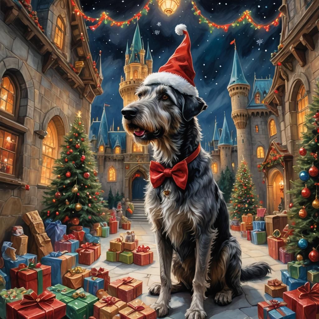 Festive Irish Wolfhound at Magic Castle, Fantasy Illustratio...