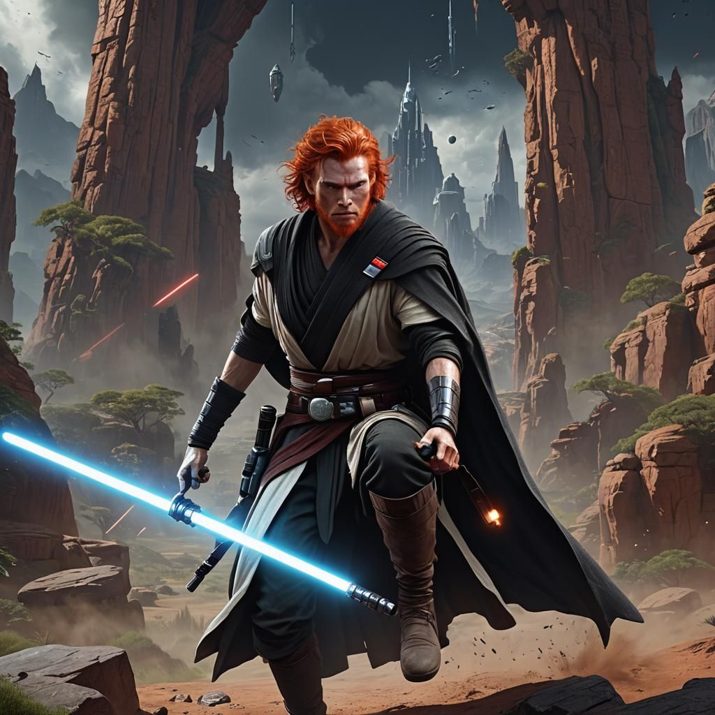 Red-Haired Jedi Master with Lightsaber: Detailed Matte Paint...