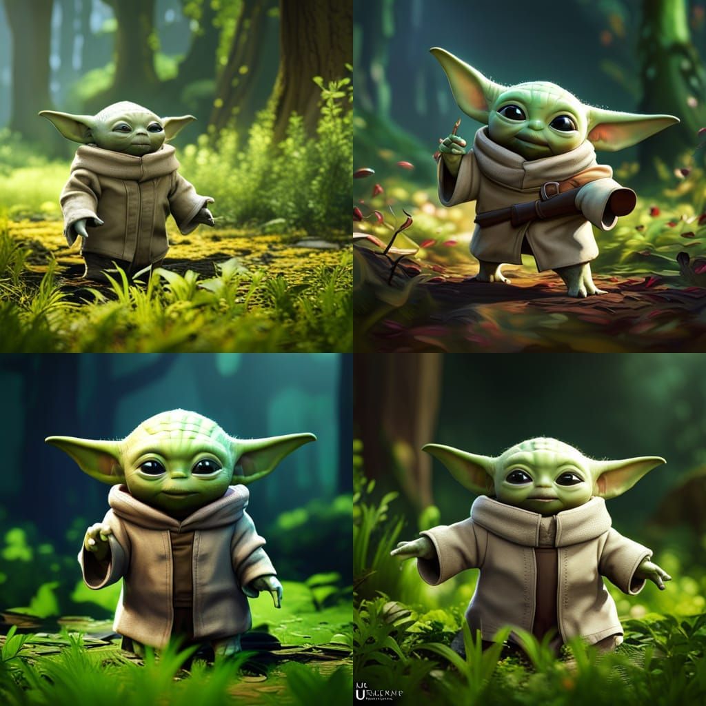 Baby Yoda Plays in a Green Park