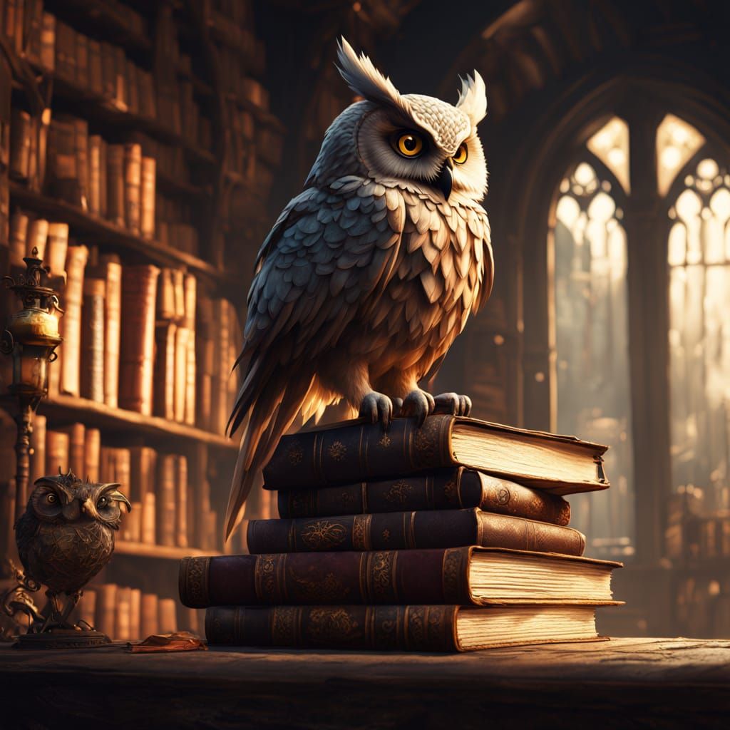 Wise Owl Guardian in Hidden Library: Fantasy Concept Art