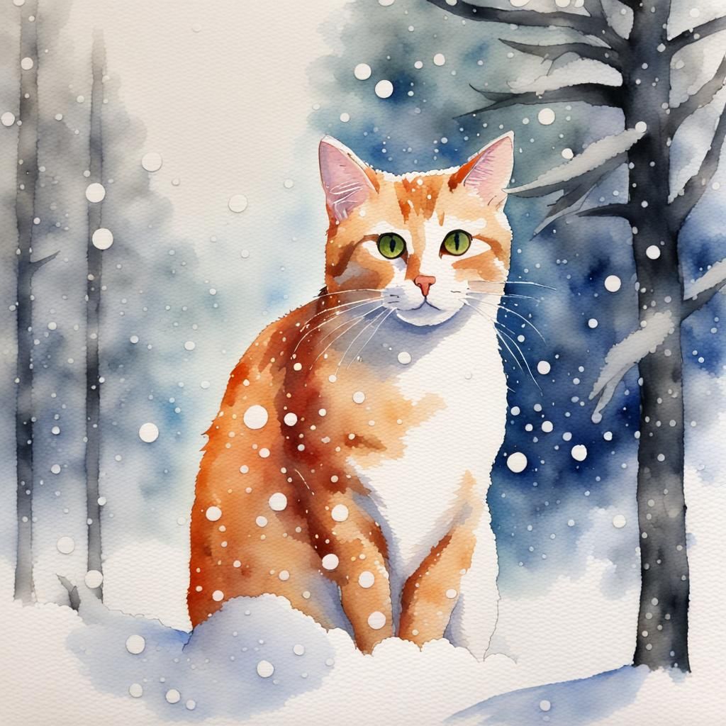 Snow Cat in Winter Forest Watercolor