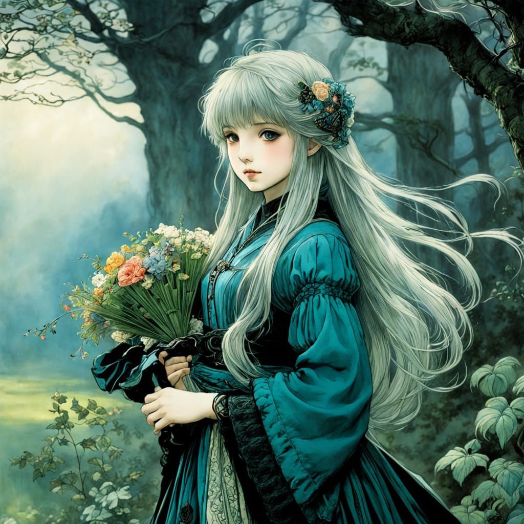 Anime Girl with Colorful Flowers in Rackham Style